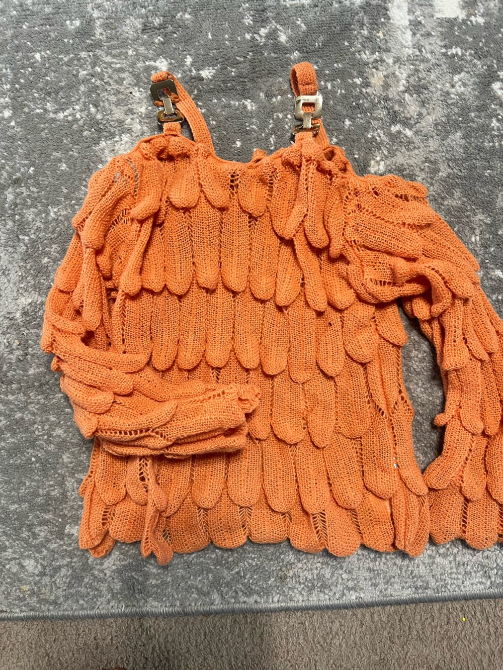 Off-Shoulder Orange Textured Knit Sweater - Picture 3 of 5